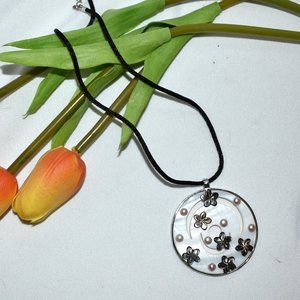 Mother of Pearl and Freshwater Pearl Pendant and Satin Cord